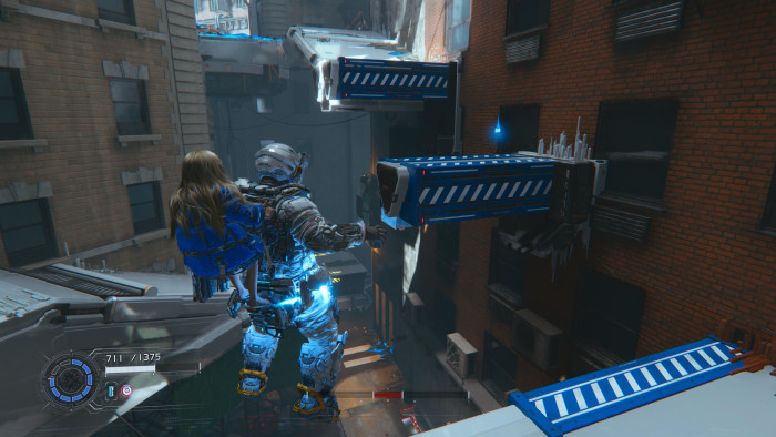 Mit den Schubdüsten schweben wir von Plattform zu Plattform. (Bild: Capcom / Screenshot: Golem)