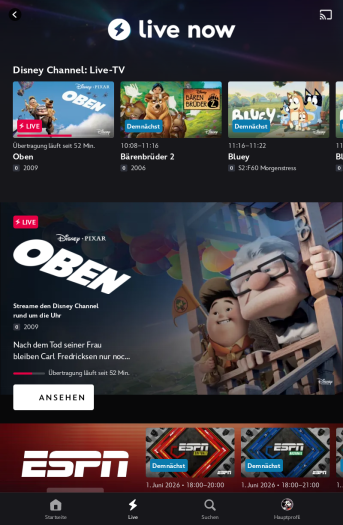 So sieht der Livestream-Bereich von Disney+ mit dem Disney-Channel aus. (Bild: Disney/Screenshot: Golem)