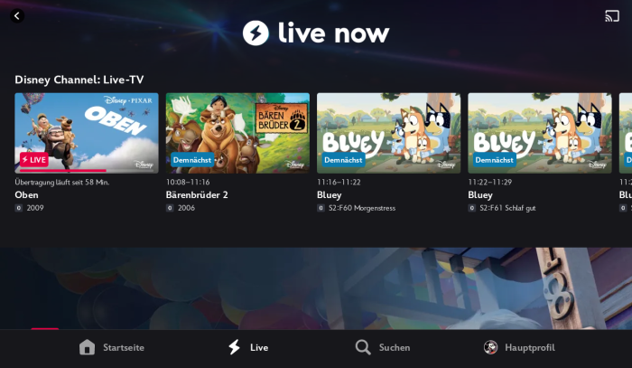 So sieht der Livestream-Bereich von Disney+ mit dem Disney-Channel aus. (Bild: Disney/Screenshot: Golem)