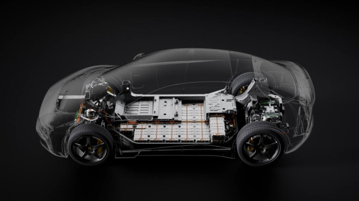 85 Prozent der Batteriemodule sind im Unterboden zwischen den beiden Achsen integriert, die restlichen 15 Prozent unter dem Rücksitz. (Grafik: Ferrari)