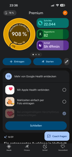 Die Startseite von Google Health mit einem gekoppelten Fitbit Air (Bild: Google / Screenshot: Golem)
