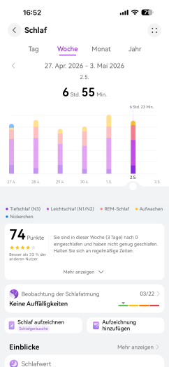 Die Schlafanlyse von Huawei erfasst Einschlaf- und Aufwachzeit sehr präzise. (Bild: Huawei / Screenshot: Golem)