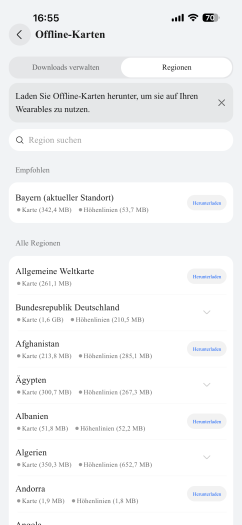 Kartendaten für Offline-Navigation laden wir in kleinen Portionen herunter. (Bild: Huawei / Screenshot: Golem)