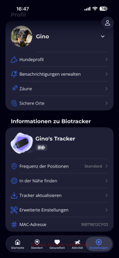 Die Optionen des Trackers im Überblick (Bild: Invoxia/Screenshot: Golem)