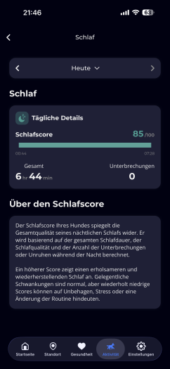 Die Schlafanalyse passt zu unseren Beobachtungen, aber: Erfasst wird nur der Nachtschlaf - aber natürlich pennt Gino auch tagsüber sehr viel. (Bild: Invoxia/Screenshot: Golem)