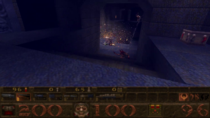Durch das Einsammeln des Quake-Symbols aktiviert man Vierfach-Schaden. Ein blauer Bildfilter zeigt diese Veränderung an. (Bild: id Software / Screenshot: Medienagentur plassma / Olaf Bleich)