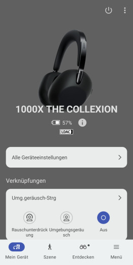 Die App für den WH-1000XX zeigt den Akkuladestand und den verwendeten Codec. (Bild: Sony/Screenshot: Golem)