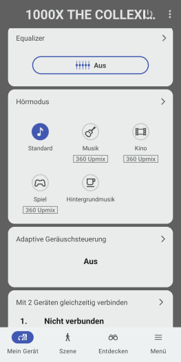 Diese Funktionen finden sich standardmäßig auf dem Hauptbildschirm der Sony-App. (Bild: Sony/Screenshot: Golem)