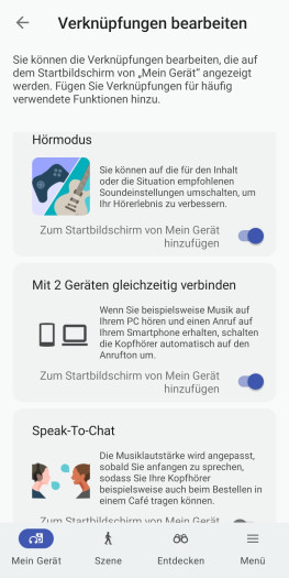 Diese Funktionen lassen sich als Widget dem Hauptbildschirm der Sony-App ablegen. (Bild: Sony/Screenshot: Golem)