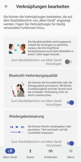 Diese Funktionen lassen sich als Widget dem Hauptbildschirm der Sony-App ablegen. (Bild: Sony/Screenshot: Golem)
