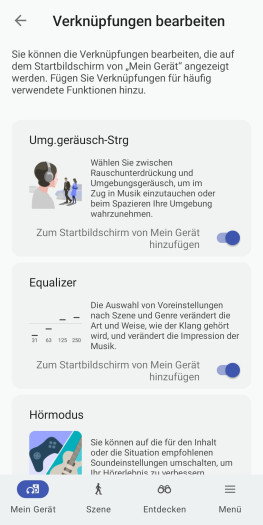 Diese Funktionen lassen sich als Widget dem Hauptbildschirm der Sony-App ablegen. (Bild: Sony/Screenshot: Golem)