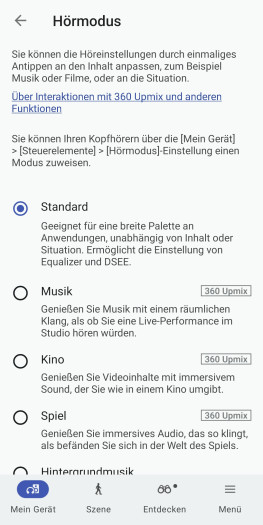 Die beiden Hörmodi Musik und Games sind dem WH-1000XX vorbehalten. (Bild: Sony/Screenshot: Golem)