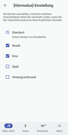 Diese Optionen gibt es für die Hörmodus-Taste. (Bild: Sony/Screenshot: Golem)
