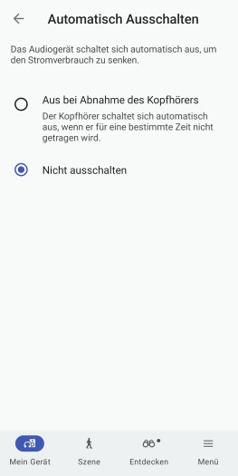 Wenn diese Einstellung aktiv ist, schaltet sich die Sensorfläche beim Abnehmen nicht ab. Ist das gewünscht, muss die 15-Minuten-Abschaltung aktiv sein. (Bild: Sony/Screenshot: Golem)