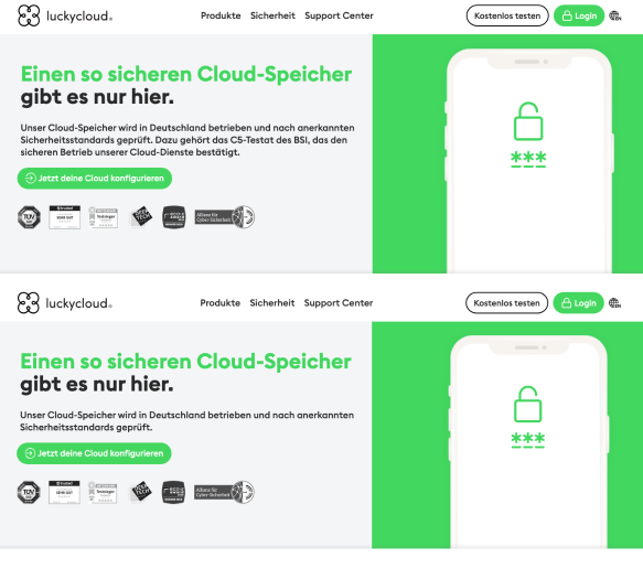 Bis Anfang April warb Luckycloud mit einem angeblich erhaltenen C5-Testat des BSI (oben). Nach einer detaillierten Presseanfrage von Golem verschwanden alle Hinweise auf das angebliche C5-Testat von der Webseite (unten). (Screenshot: Erik Bärwaldt)