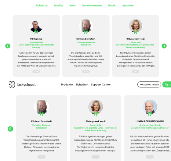 Referenzkunden, die keine Genehmigung zur Verwendung von Zitaten (oben) an Luckycloud erteilt hatten, wurden erst nach Aufforderung von der Webseite entfernt (unten). (Screenshot: Erik Bärwaldt)