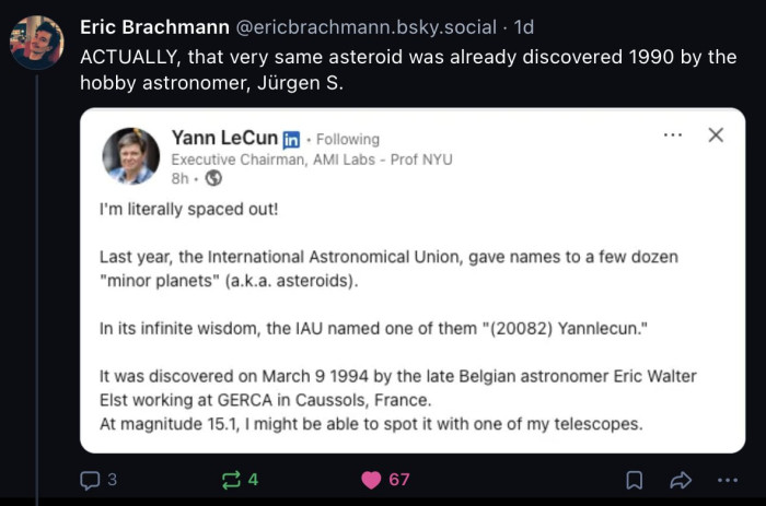 Selbst der Asteroid, der nach Yann LeCun benannt wurde, ist vor Schmidhuber nicht sicher. (Quelle: Bluesky / Eric Brachmann).