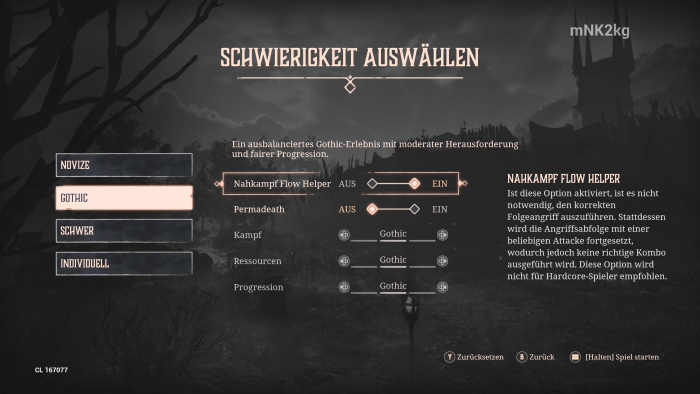 Den Schwierigkeitsgrad können wir sehr genau unseren Wünschen anpassen - inklusive Permadeath. (Bild: THQ Nordic / Screenshot: Golem)
