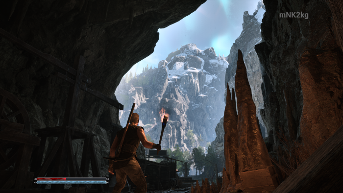 Ein Blick aus der großen Mine ins Freie, kurz nach einem Sturzregen übrigens (Bild: THQ Nordic / Screenshot: Golem)