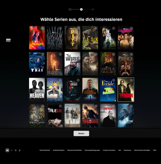 Beim ersten Profilaufruf wird abgefragt, welche Serien einen interessieren. (Bild: Warner Bros./Screenshot: Golem)
