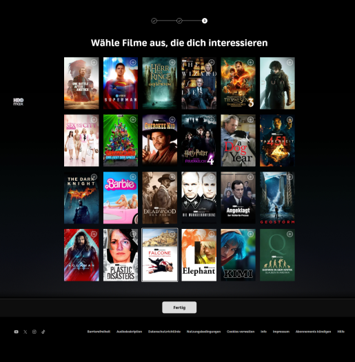 Beim ersten Profilaufruf wird abgefragt, welche Filme einen interessieren. (Bild: Warner Bros./Screenshot: Golem)