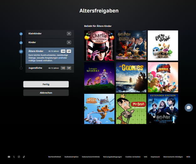 Hier lassen sich die Inhaltsfilter für das Kinderprofil festlegen. (Bild: Warner Bros./Screenshot: Golem)
