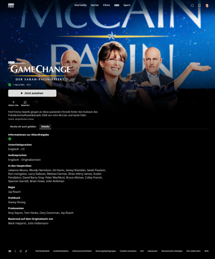 Der Film Game Change - Der Sarah-Palin-Effekt hat mittlerweile eine deutsche Tonspur, allerdings stimmen die Filmangaben nicht. (Bild: Warner Bros./Screenshot: Golem)