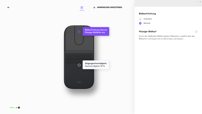 Die Mausradfunktion der Mobi Fold lässt sich anpassen. (Bild: Logitech/Screenshot: Golem)