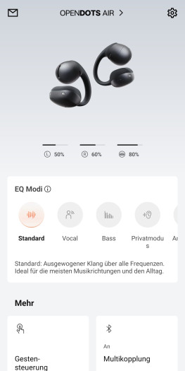 Die Shokz-App für die Open Dots Air zeigt den Ladestand nur zweistellig. (Bild: Shokz/Screenshot: Golem)