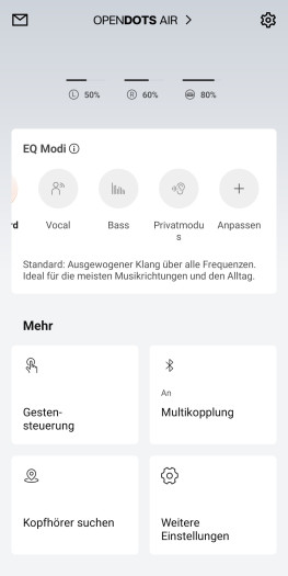 Diese Einstellungen gibt es auf dem Hauptbildschirm der Shokz-App für die Open Dots Air. (Bild: Shokz/Screenshot: Golem)
