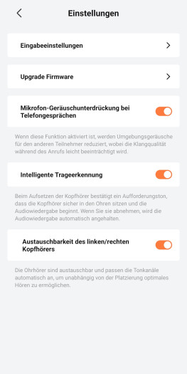 Diese weiteren Einstellungen gibt es für die Open Dots Air in der App. (Bild: Shokz/Screenshot: Golem)