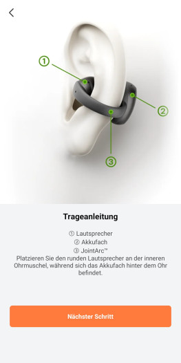 Die Shokz-App erklärt die Nutzung der Open Dots Air sehr gut. (Bild: Shokz/Screenshot: Golem)