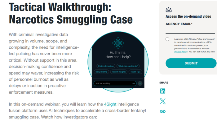 Im 4Sight-Tool von JSI schlägt der KI-Chatbot Iris gleich einmal eine Mustersuche über alle Dateien vor. Die Europazentrale des Herstellers ist übrigens nur acht Kilometer vom Bundeskriminalamt in Wiesbaden entfernt. (Bild: 4Sight-Tool)