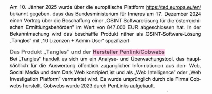 Auszug aus der parlamentarischen Anfrage der österreichischen Grünen an das Innenministerium. Die zehn Lizenzen zu je 80.000 Euro samt einer Administratorenlizenz beziehen sich nicht etwa auf zehn Ermittler und deren Vorgesetzten. (Bild: Österreichisches Parlament)