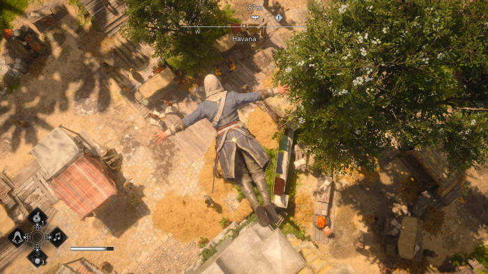 Serientypisch sind auch die Sprünge von hohen Aussichtspunkten wieder mit dabei, diesmal häufig auch ins Wasser oder in einen Haufen Palmwedel - eines der sonst eher seltenen Serienmerkmale im Spiel (Bild: Ubisoft / Screenshot: Golem).