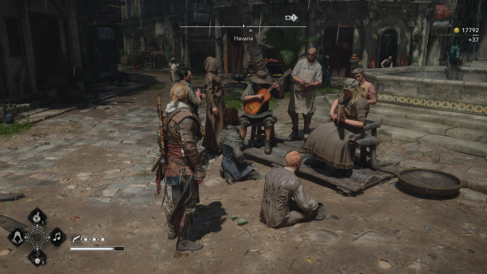 In Städten treffen wir ab und zu auf besondere Situationen oder Nebenquests. Die Lebendigkeit der Welt ist zwar lange nicht auf dem Level eines Red Dead Redemption 2, als Kulisse für ein Piratenabenteuer aber trotzdem stimmig (Bild: Ubisoft / Screenshot: Golem).