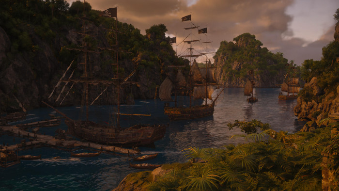 Wir können eine ganze Piratenflotte aufbauen und kommandieren, um an zusätzliche Ressourcen für den Ausbau unserer Insel und die Verbesserung unseres Schiffes zu gelangen (Bild: Ubisoft / Screenshot: Golem).<br>