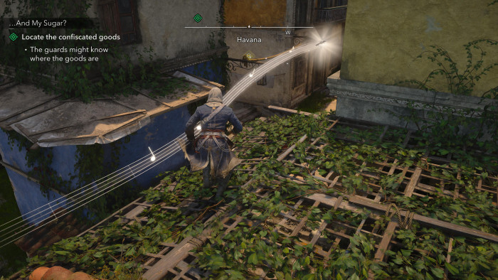 Neue Seemannslieder für unsere Crew sammeln wir in kleinen Passagen über den Häuserdächern. Weil das sowohl leicht als auch relativ schnell geht, ist es eine willkommene Abwechslung (Bild: Ubisoft / Screenshot: Golem).