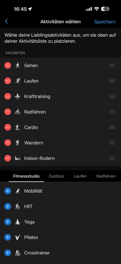 Hier wählt man die Aktivitäten für die Tasten-Aktivierung aus. (Bild: Garmin / Screenshot: Golem)