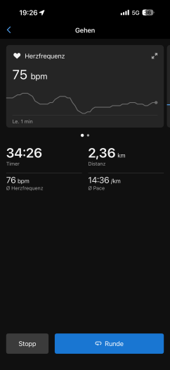 Diese Info ist während einer Gehen-Aktivitäte in der App zu sehen. (Bild: Garmin / Screenshot: Golem)
