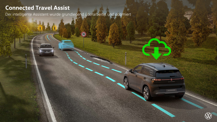 Der Connected Travel Assist liefert cloudbasierte Warnhinweise anderer Fahrzeuge. (Grafik: VW)