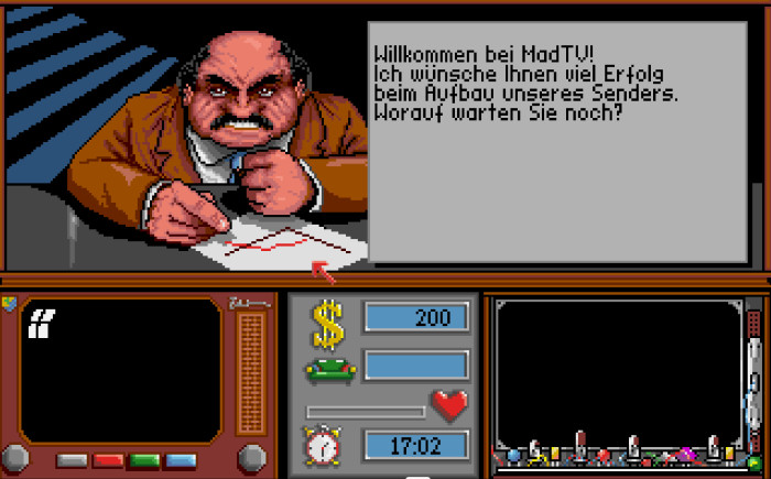 Motivationsmethoden im Jahr 1991: Mister Raffer droht uns täglich mit dem Rauswurf, sollten wir unsere Arbeit nicht besser machen und keine Sammy-Preise gewinnen. (Bild: Rainbow Arts; Screenshot: Medienagentur Plassma/Olaf Bleich)