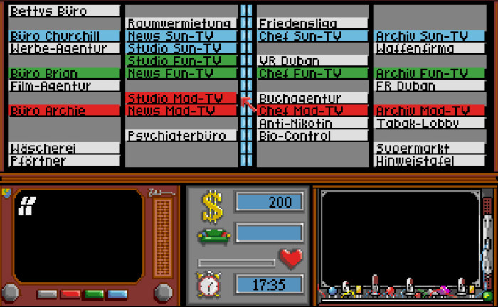 Neben den für das Spiel wichtigen Büros, etwa der Film- oder der Werbeagentur, gibt es im Haus etliche Räume für Quatsch wie die Tabak-Lobby oder die Friedensliga. (Bild: Rainbow Arts; Screenshot: Medienagentur Plassma/Olaf Bleich)