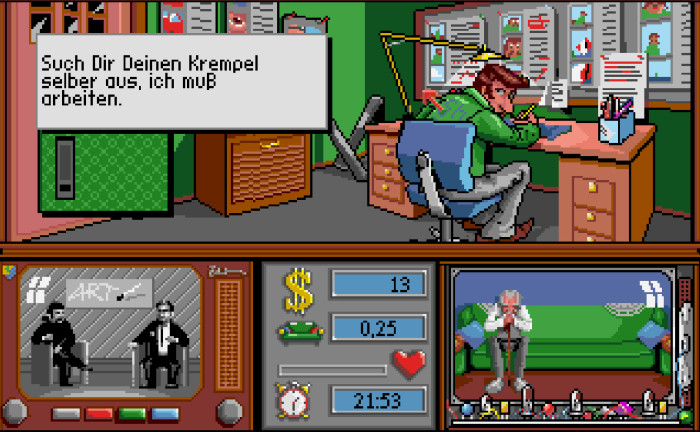 Die Mad-TV-Autoren sind immer schlecht gelaunt. Mit ihren Drehbüchern produzieren wir später eigene Shows, die wir anschließend gewinnbringend verkaufen können. (Bild: Rainbow Arts; Screenshot: Medienagentur Plassma/Olaf Bleich)
