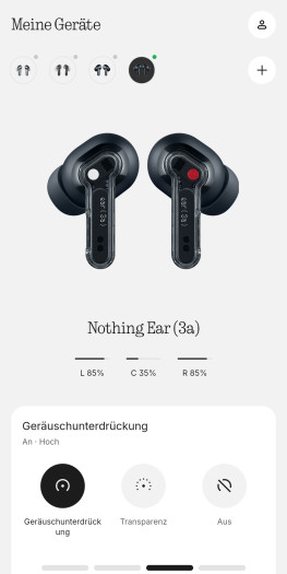 Die Nothing-X-App zeigt den Akkustand der Ear (3a) in 5er Schritten an. (Bild: Nothing/Screenshot: Golem)