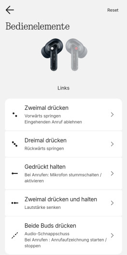 Diese Gesten gibt es bei den Ear (3a) zur Steuerung auf der linken Seite. (Bild: Nothing/Screenshot: Golem)