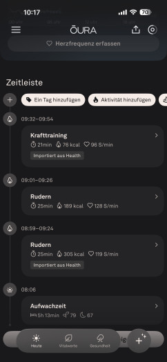 Aktivitäten und Schlaf werden in einer Timeline aufgelistet. (Bild: Oura / Screenshot: Golem)