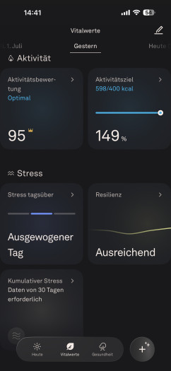 Einige der wichtigeren Vitalwerte in der Oura-App. (Bild: Oura / Screenshot: Golem)