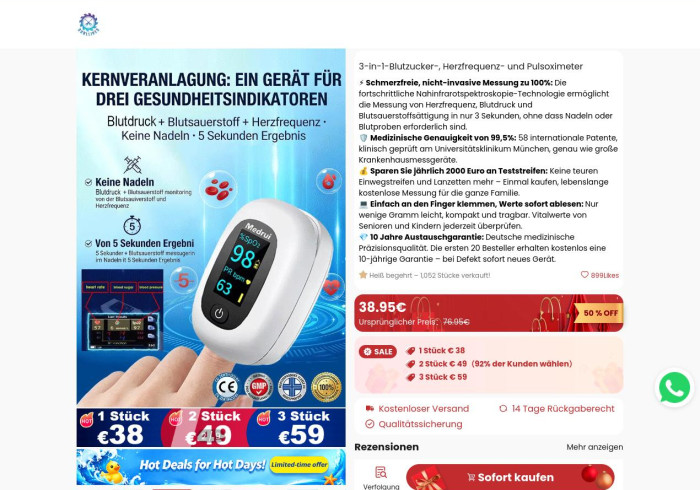 Manche Produktversprechen können gefährlich werden: Ein Pulsoximeter misst nicht den Blutzucker, wie hier behauptet. (Bild: Ourlives)