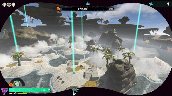 Per Fernglas suchen wir die Umgebung ab - Schatzkisten sind mit den blauen Strahlen markiert. (Bild: Nintendo / Screenshot: Golem)